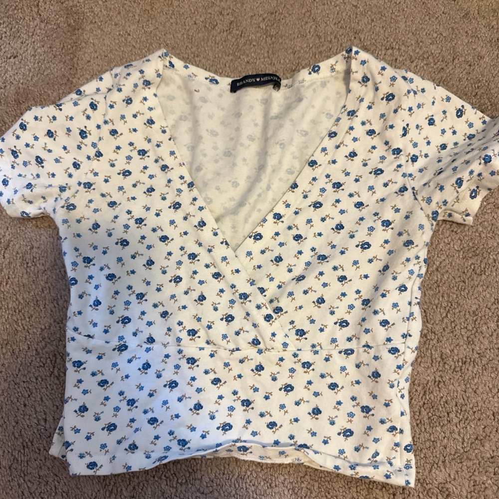 Brandy Melville White Floral Blue Wrap Crop Top